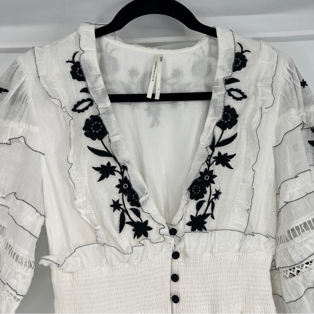 Anthropologie White Black Floral Lace Ruffled Button Down Bohemian Mini Dress S - Picture 3 of 7